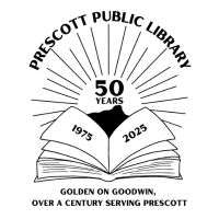 Open book with silhouette of thumb butte and sun rays behind it, text Prescott Public Library 50 years Golden on Goodwin, Over a Century Serving Prescott